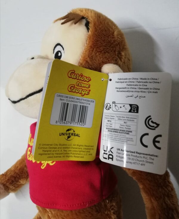 Peluche Curioso George con T-Shirt Rossa - 25 cm, Grandi Giochi CUU04000